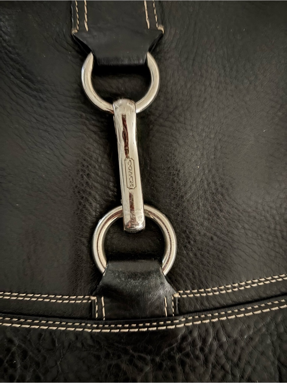 Black Leather Coach Shoulder Bag with Silver Ring Accent - Picture 2 of 4